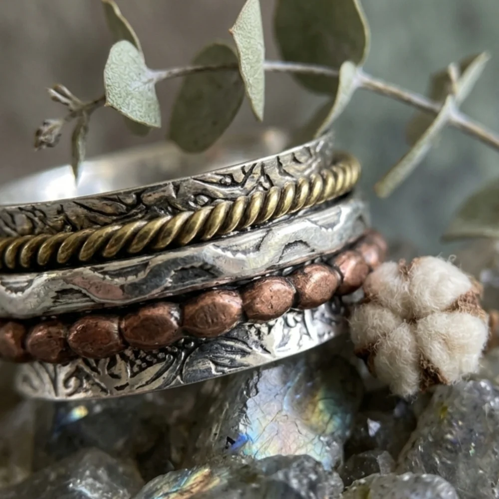 925 Sterling Silver Spinner Ring Brass Copper Mixed Metal Meditation Boho Sz 7.5